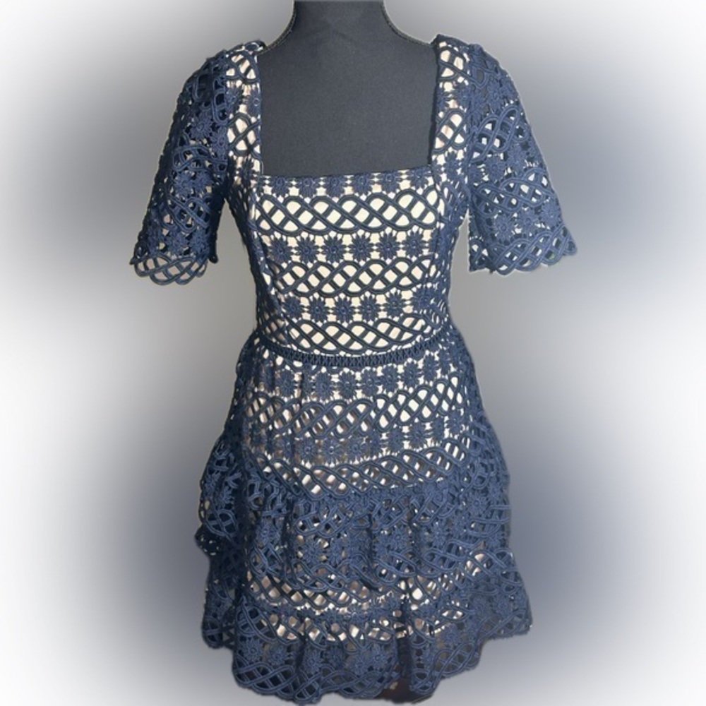 Lulu's Navy Blue Crochet Overlay Ruffle Hem Dress Small Preowned